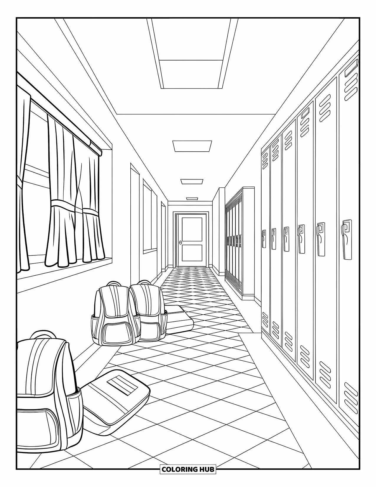 September Coloring Page for Kids: School hallway lined with lockers and scattered backpacks