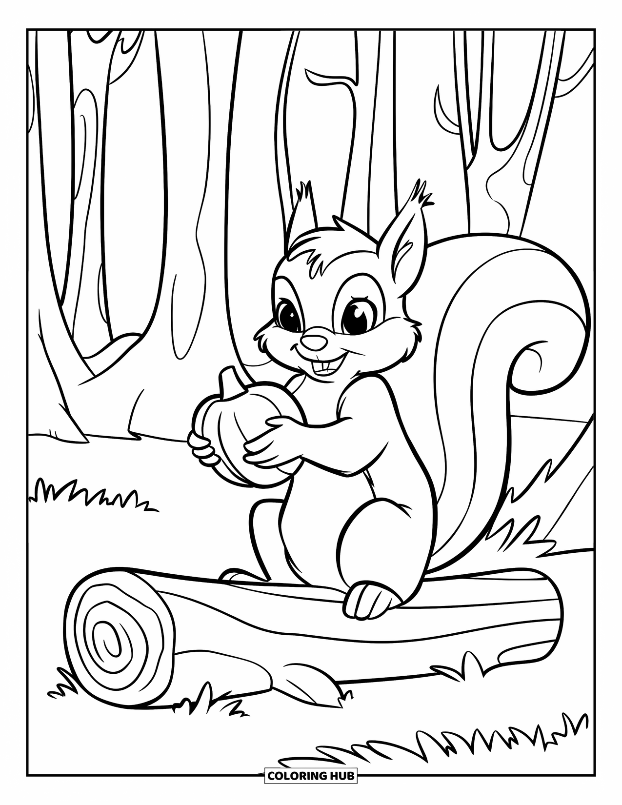 September Coloring Page for Kids: Squirrel with a huge nut sitting on a log in the woods