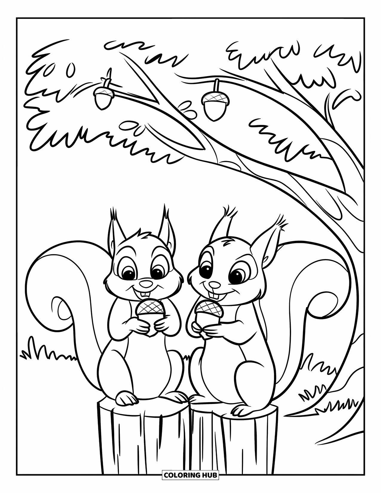 September Coloring Page for Kids: Squirrels with acorns sitting under a tree on a wooden post