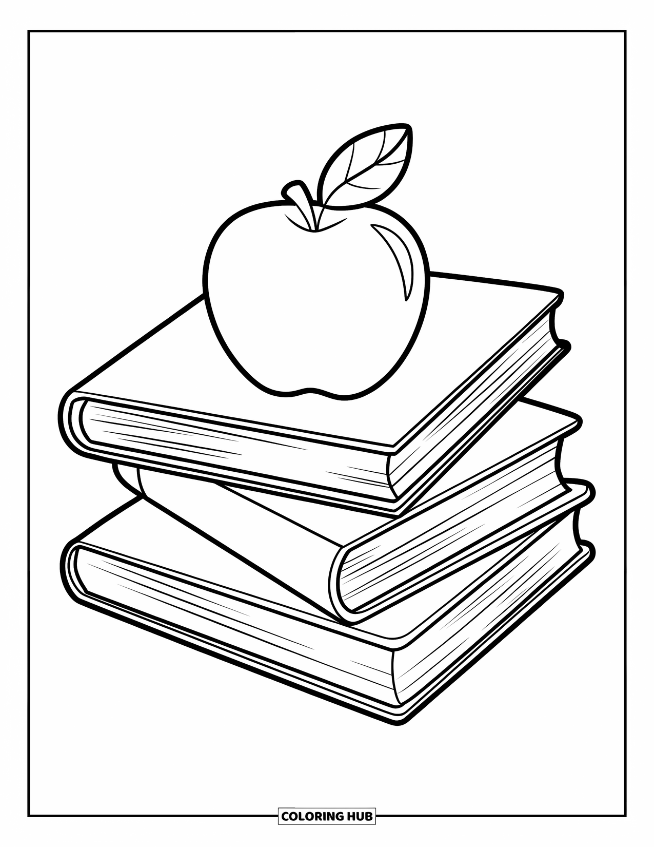 September Coloring Page for Kids: Stack of books with a shiny apple sitting on top