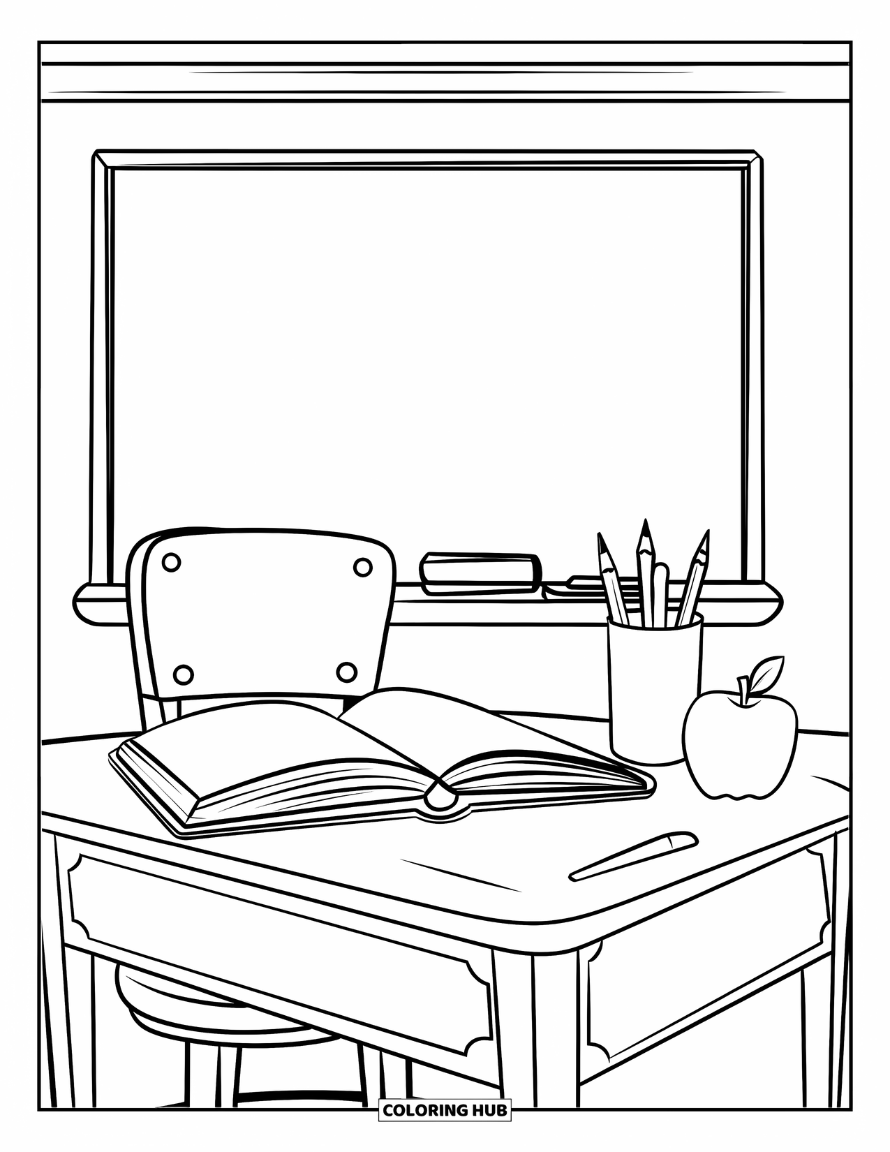September Coloring Page for Kids: Teacher's desk with a book, apple, and pencil cup in a classroom