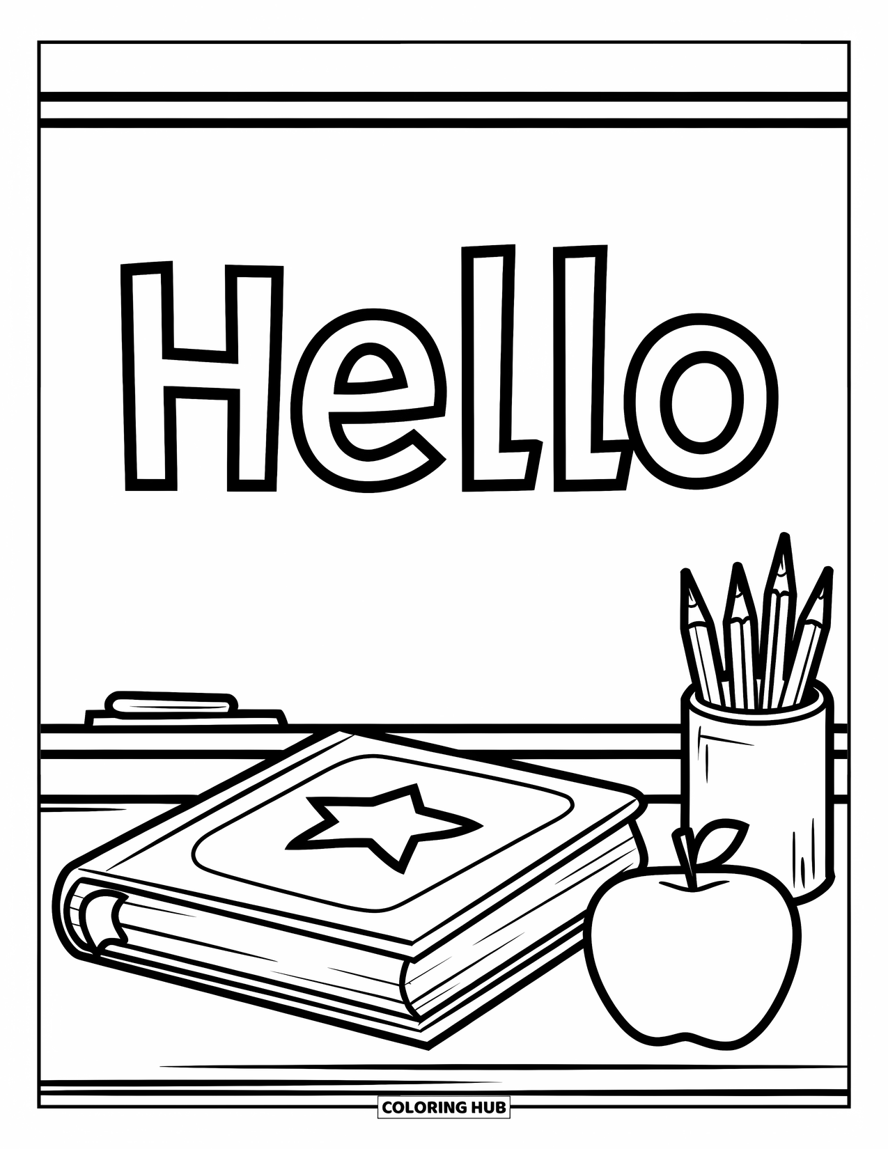 September Coloring Page for Kids: Teacher's desk with book and apple in front of a bold "Hello" sign