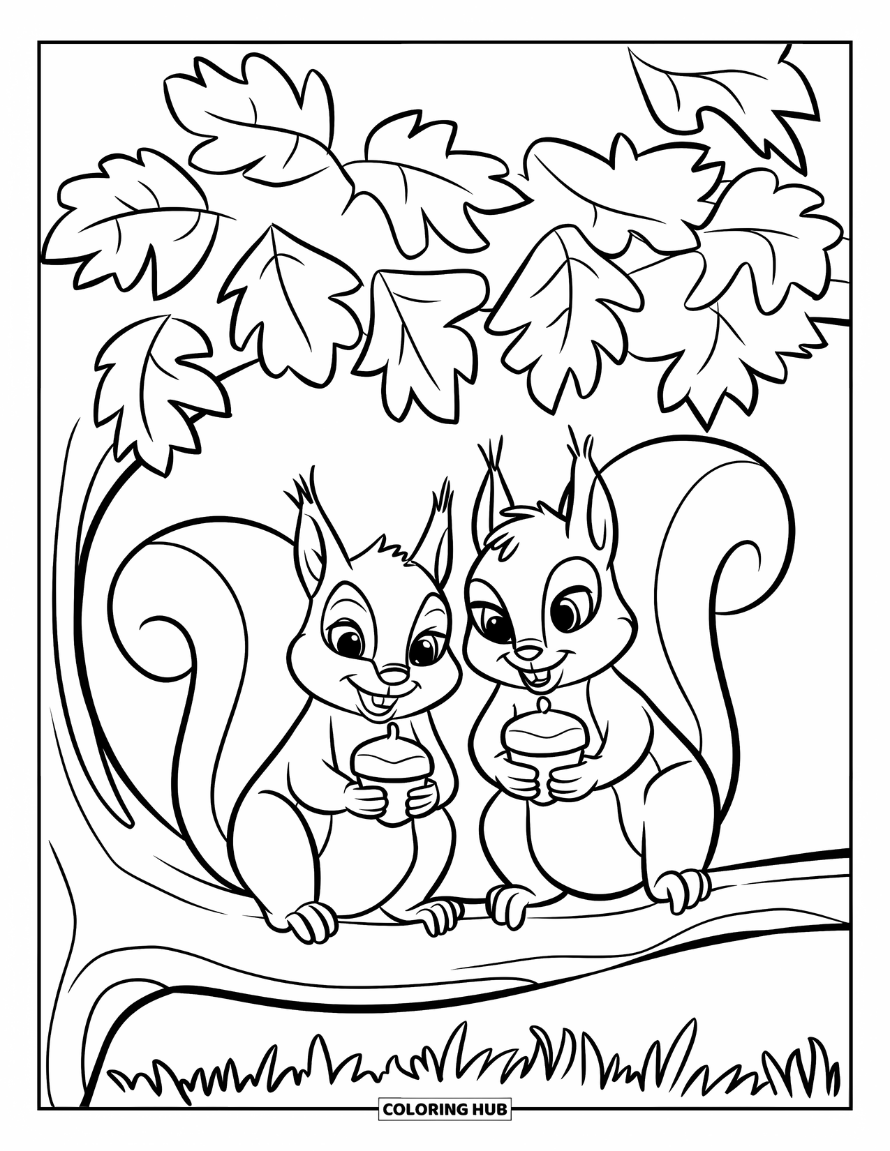 September Coloring Page for Kids: Two squirrels sit under a tree, holding acorns with big smiles