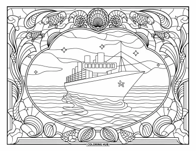 Schiff-Ausmalbild für Erwachsene: Ein Frachtschiff treibt in einem Buntglas-Rahmen aus Fischen, Muscheln und Sternen