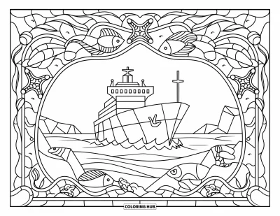 Schiff-Ausmalbild für Erwachsene: Ein Frachtschiff segelt durch einen Rahmen aus Fischen, Seesternen, Seegras und sich ringelnden Wellen