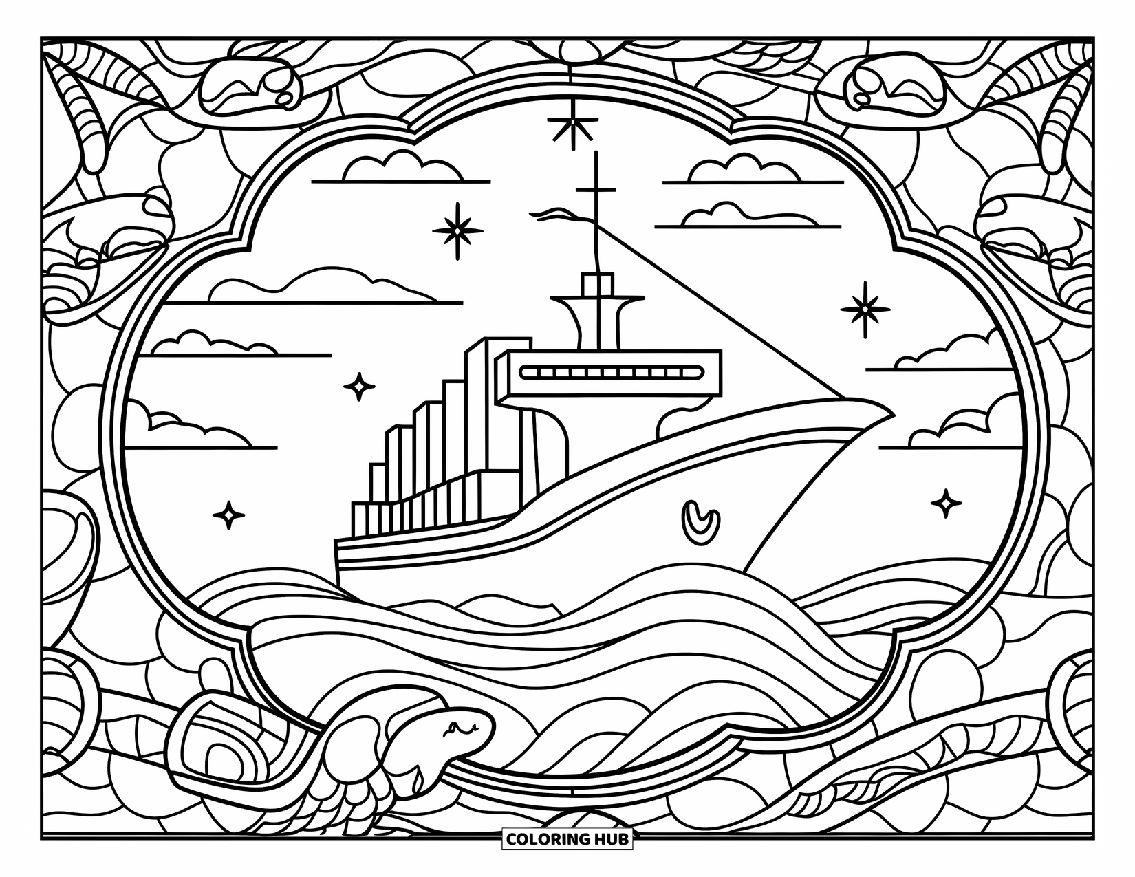 Ship Coloring Page for Adults: A cargo ship sails through a stained glass frame of sea creatures and waves