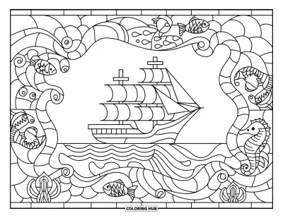 Schiff-Ausmalbild für Erwachsene: Ein Frachtschiff mit Masten segelt in einem Buntglas-Rahmen aus Meereslebewesen