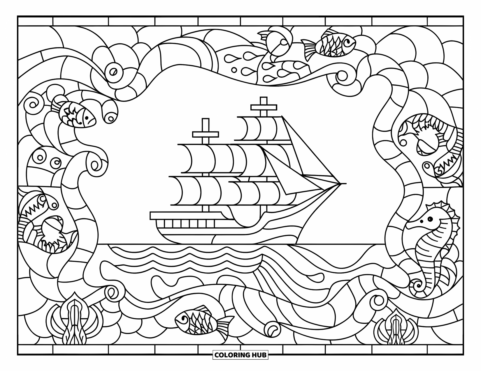 Ship Coloring Page for Adults: A cargo ship with masts sails inside a stained glass frame of sea creatures