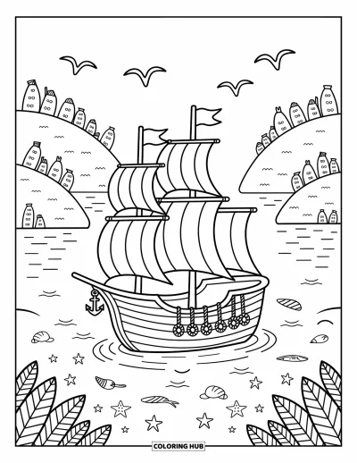 Schiff-Ausmalbild für Erwachsene: Ein stimmungsvolles Segelschiff mit vollen Segeln treibt nahe Hügeln, Muscheln und Seesternen