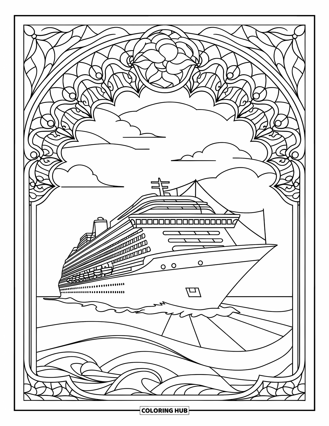Ship Coloring Page for Adults: A cruise ship at sea is framed by stained glass waves and floral borders