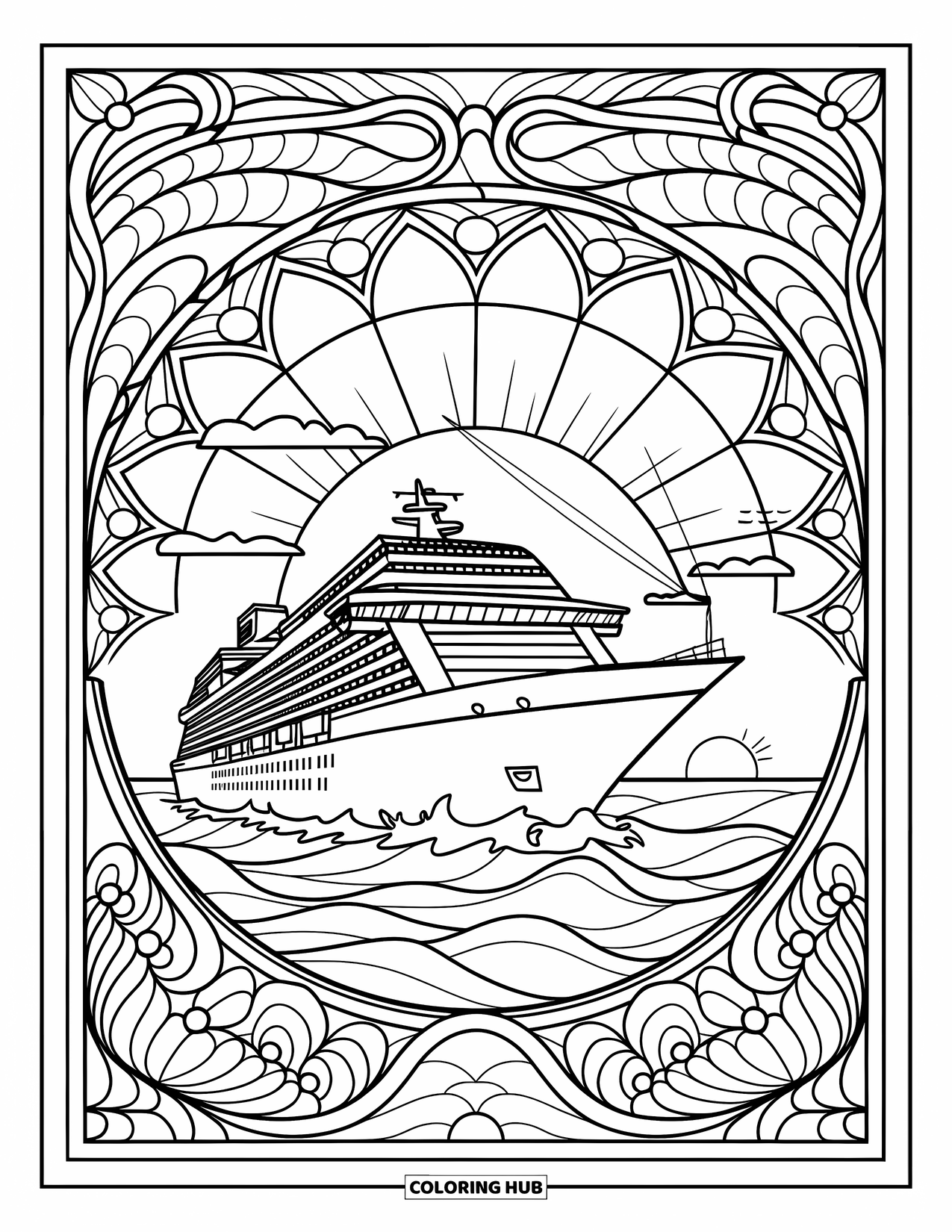 Ship Coloring Page for Adults: A cruise ship sails with the sun setting behind stained glass waves and flowers