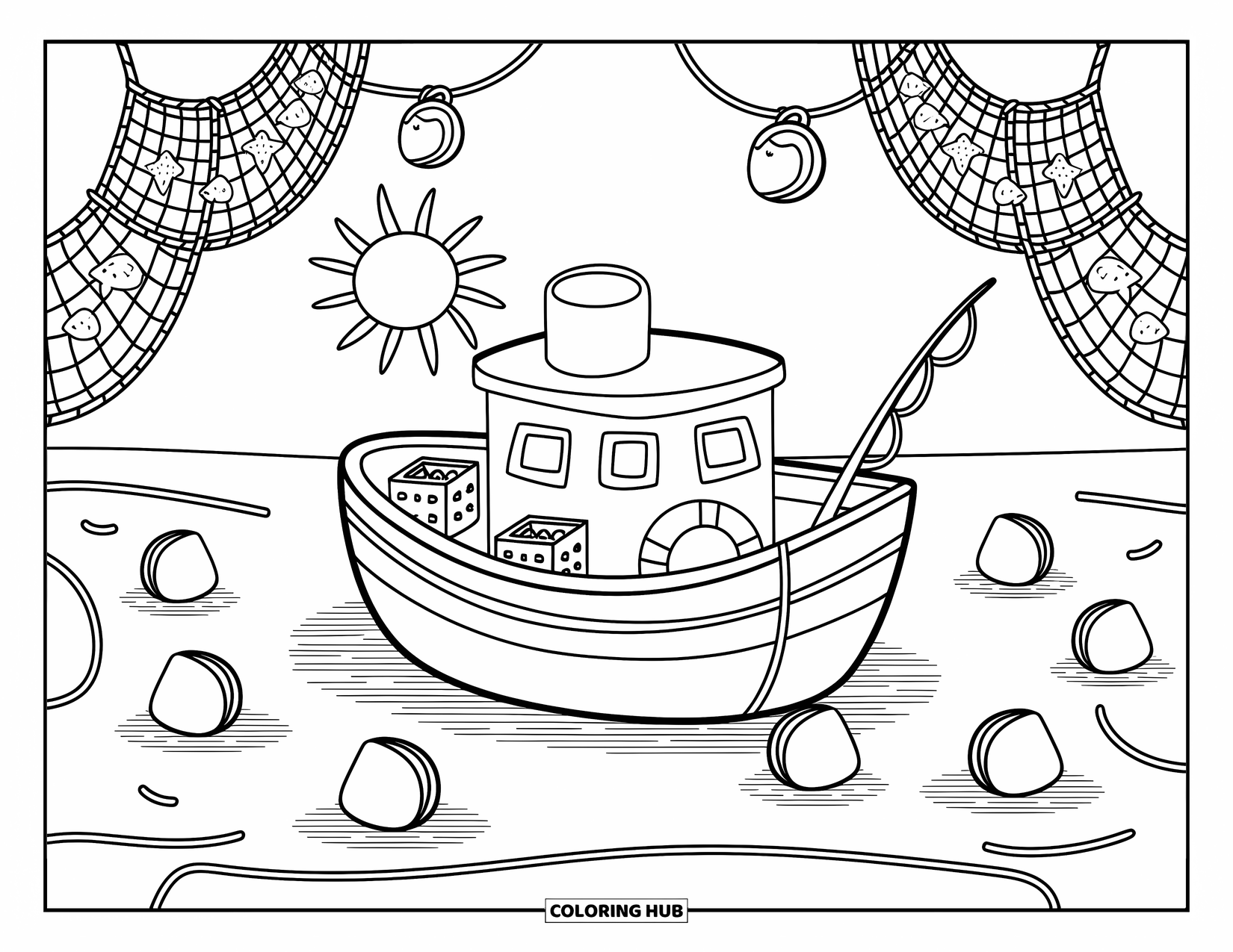 Ship Coloring Page for Adults: A fishing boat with nets and crates floats as the sun peeks above the sea