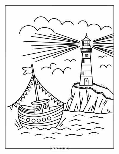 Schiff-Ausmalbild für Erwachsene: Ein kleines Schiff segelt an einem gestreiften Leuchtturm auf felsigen Klippen vorbei