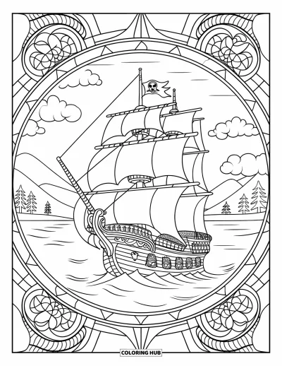 Schiff-Ausmalbild für Erwachsene: Ein Piratenschiff treibt auf ruhigem Wasser, gerahmt von einem Buntglas-Rosen-Kompass