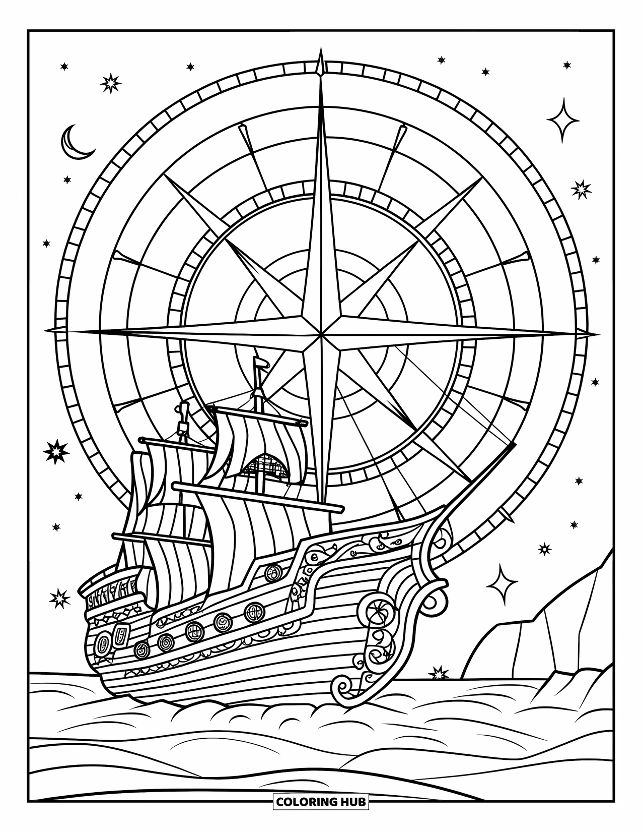 Ship Coloring Page for Adults: A pirate ship rests near rocks under a crescent moon, encircled by a rose compass