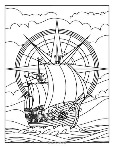 Schiff-Ausmalbild für Erwachsene: Ein Piratenschiff segelt durch stürmische See, eingekreist von einem Buntglas-Rosen-Kompass