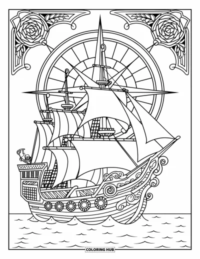 Schiff-Ausmalbild für Erwachsene: Ein Piratenschiff mit Masten und Seeleuten ist von einem Rosen-Kompass-Motiv umgeben