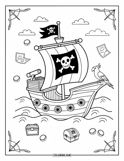 Schiff-Ausmalbild für Erwachsene: Ein Piratenschiff mit sanften Segeln und Jolly Roger segelt auf ruhigen Wellen