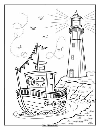 Schiff-Ausmalbild für Erwachsene: Ein Schiff gleitet an einem Leuchtturm vorbei, Vögel fliegen, Wellen berühren die Felsen