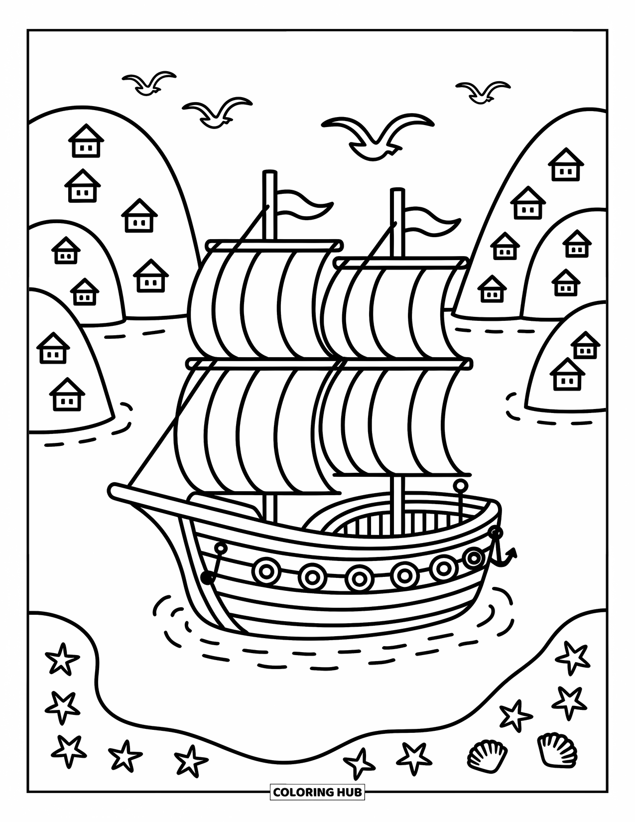 Ship Coloring Page for Adults: A ship with two puffy sails rests near hills dotted with small houses