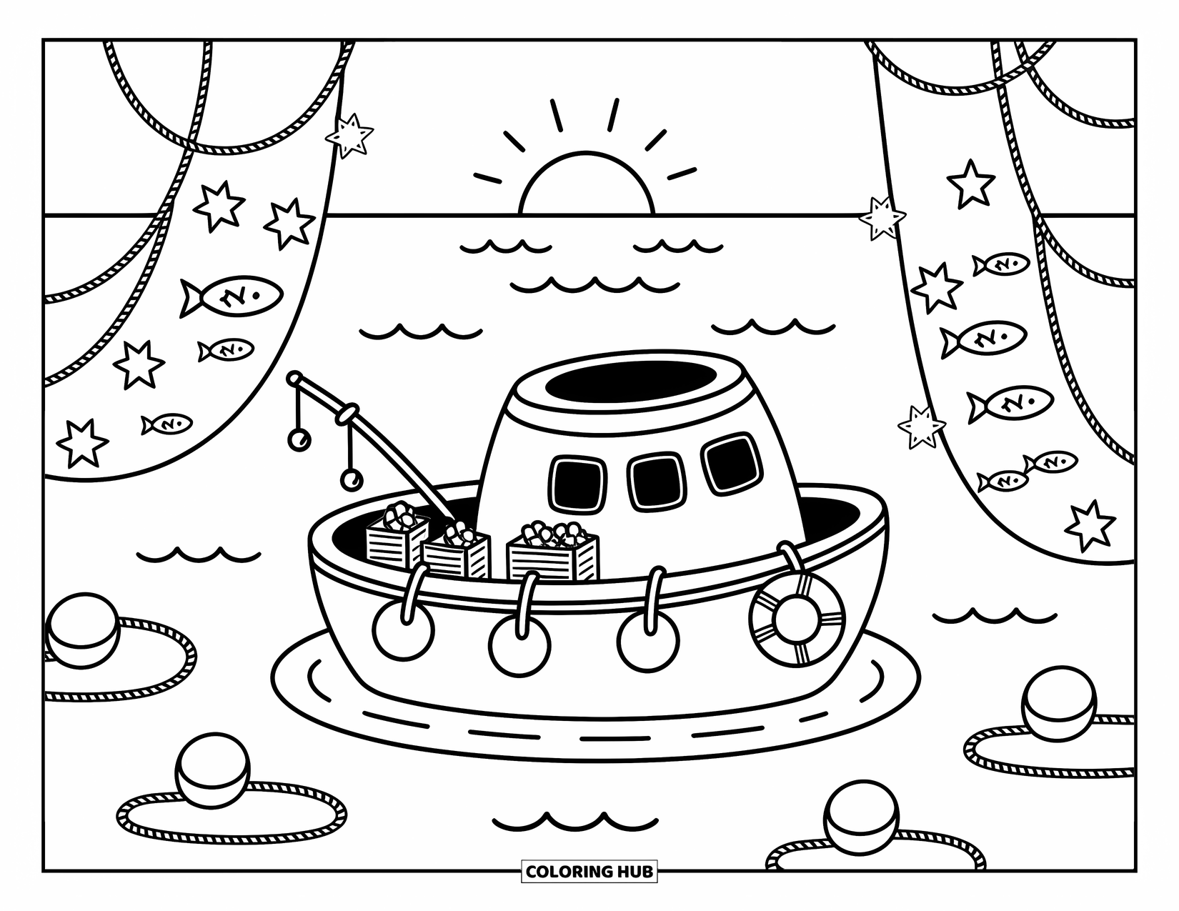Ship Coloring Page for Adults: A small fishing boat with nets and crates floats under a rising sun