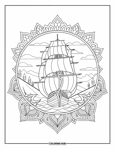 Schiff-Ausmalbild für Erwachsene: Ein Großsegler mit Anker und Segeln ruht in einem Mandala-Rahmen vor Bergen und Himmel