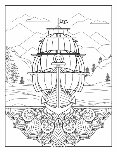 Schiff-Ausmalbild für Erwachsene: Ein Großsegler mit vollen Segeln und Anker ist von botanischen Mandalas umgeben
