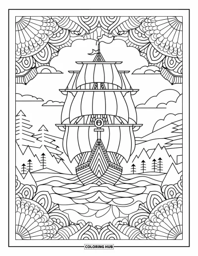Schiff-Ausmalbild für Erwachsene: Ein Großsegler mit Segeln und Anker zieht über eine Bergsee-Mandala-Szene