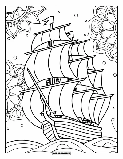 Schiff-Ausmalbild für Erwachsene: Ein Großsegler mit Segeln ist von aufwendigen botanischen Mandala-Mustern umrahmt