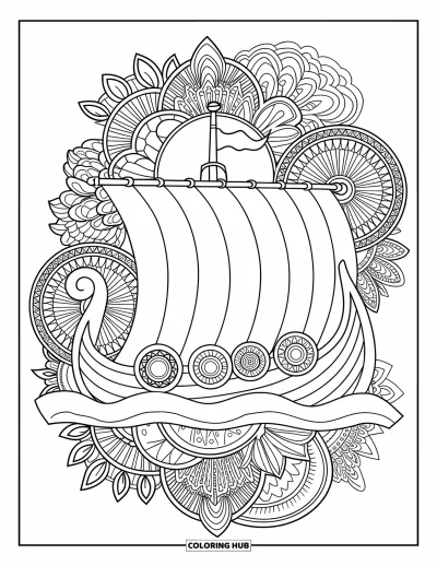 Schiff-Ausmalbild für Erwachsene: Ein Wikingerschiff mit gemustertem Segel ist von wirbelnden botanischen Mandalas gerahmt