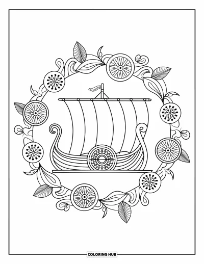 Schiff-Ausmalbild für Erwachsene: Ein Wikingerschiff mit kunstvollen Schilden ruht in wirbelnden botanischen Mandalas