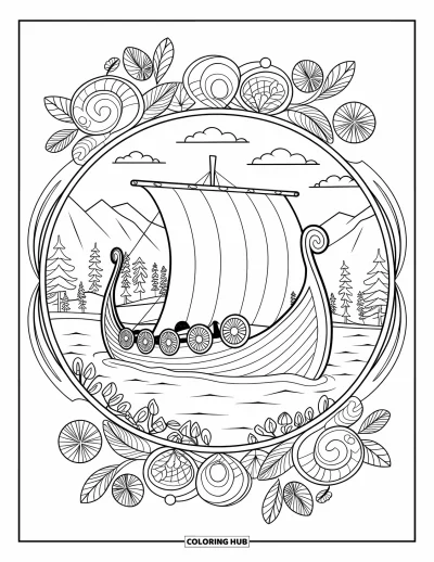 Schiff-Ausmalbild für Erwachsene: Ein Wikingerschiff mit Schilden treibt auf einem ruhigen See, gerahmt von Mandala-Mustern