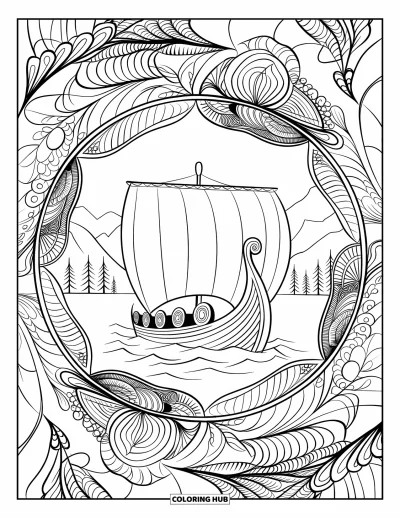 Schiff-Ausmalbild für Erwachsene: Ein Wikingerschiff mit Schilden ruht zwischen botanischen Mandalas und einem Bergseepanorama
