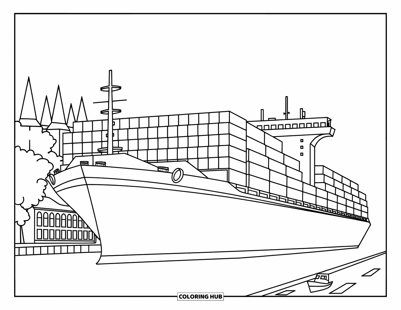 Ship Coloring Page for Kids: A cargo ship near a harbor floats alongside small boats and trees