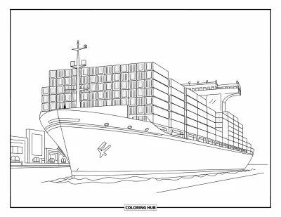 Schiff-Ausmalbild für Kinder: Ein mit Containern beladenes Frachtschiff treibt in Hafennähe