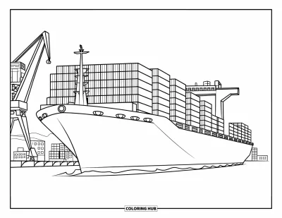 Schiff-Ausmalbild für Kinder: Ein Frachtschiff mit Containern liegt nahe Kränen und einer Stadt vor Anker