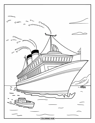 Schiff-Ausmalbild für Kinder: Ein cartoonhaftes Kreuzfahrtschiff mit Rauch segelt gemütlich, kleine Boote in der Nähe