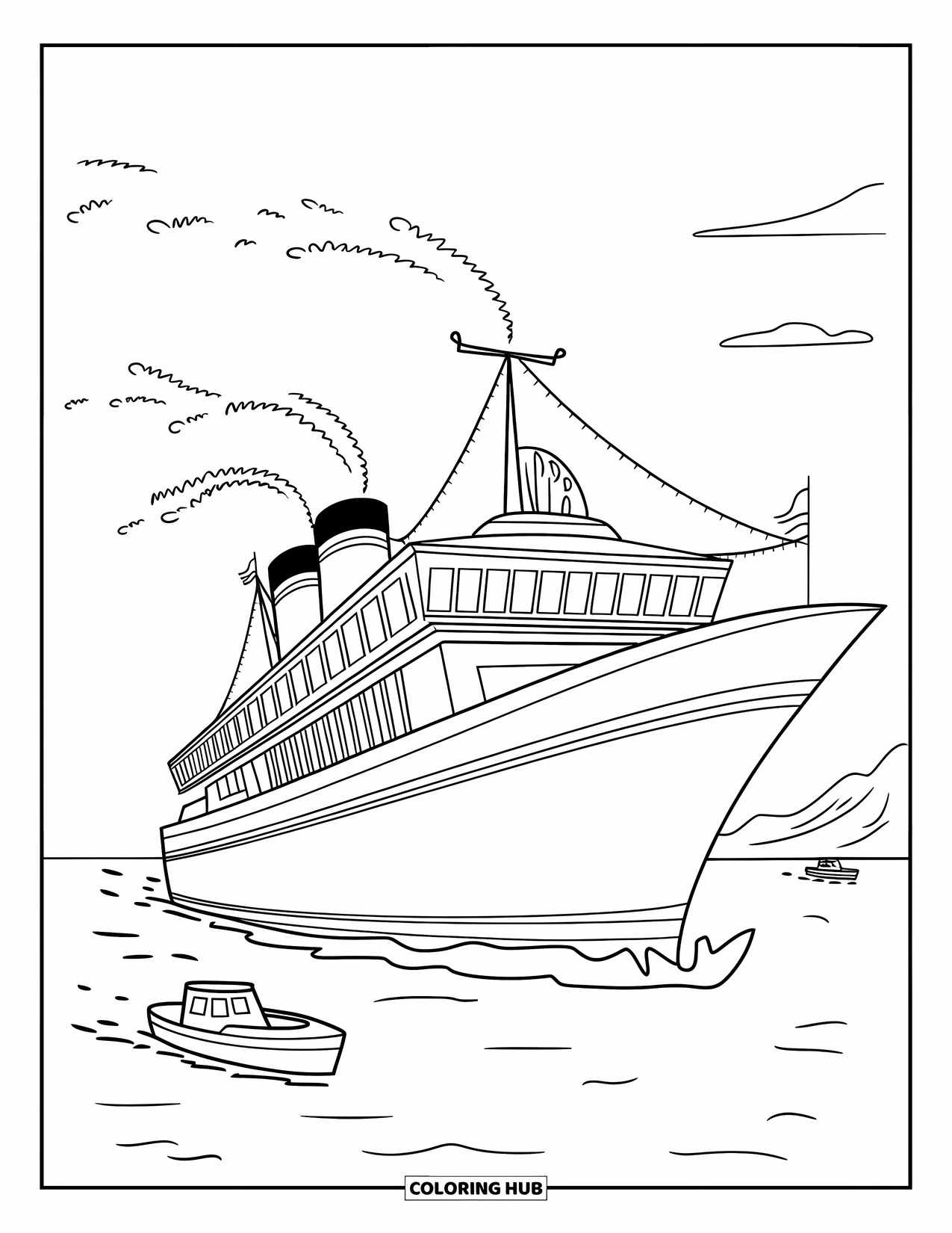 Ship Coloring Page for Kids: A cartoon cruise ship with smoke sails calmly with small boats nearby
