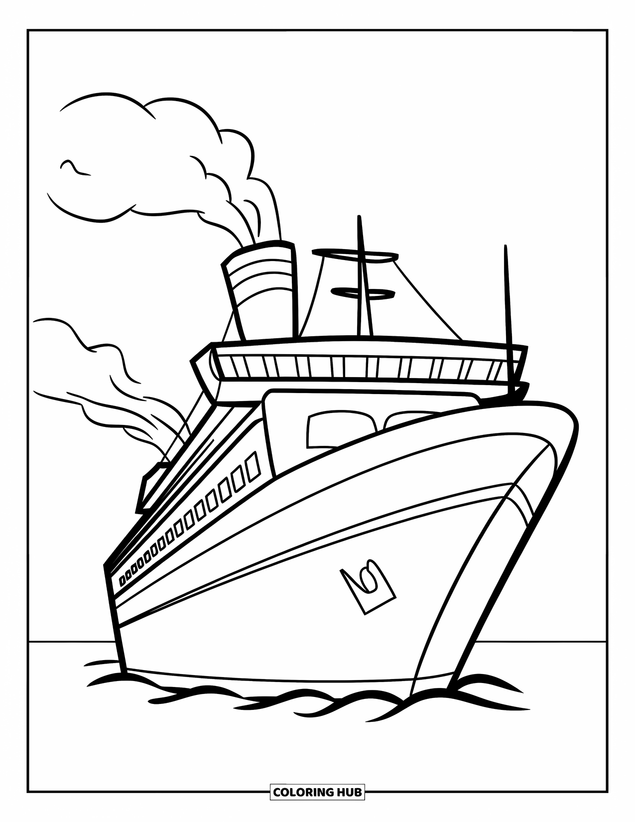 Ship Coloring Page for Kids: A cheerful cruise ship with large windows puffs smoke from its funnel