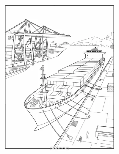Schiff-Ausmalbild für Kinder: Ein Containerschiff liegt im Hafen, Kräne entladen die Fracht