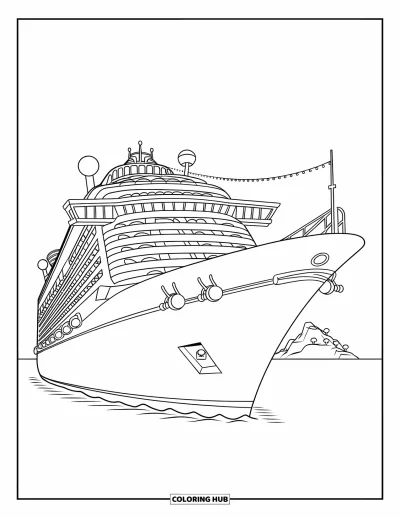 Schiff-Ausmalbild für Kinder: Ein Kreuzfahrtschiff segelt übers Meer in Richtung einer fernen Insel
