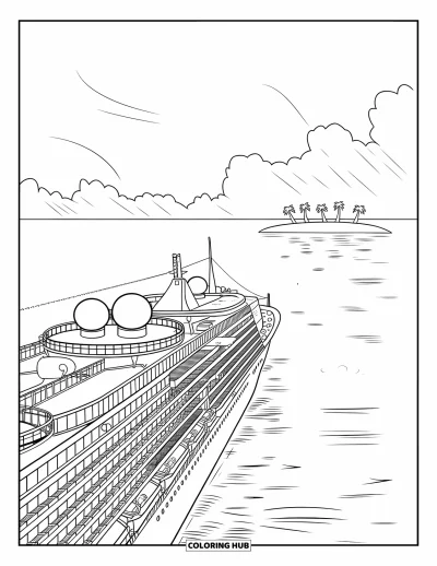 Schiff-Ausmalbild für Kinder: Ein Kreuzfahrtschiff gleitet ruhig auf eine Insel mit Palmen zu