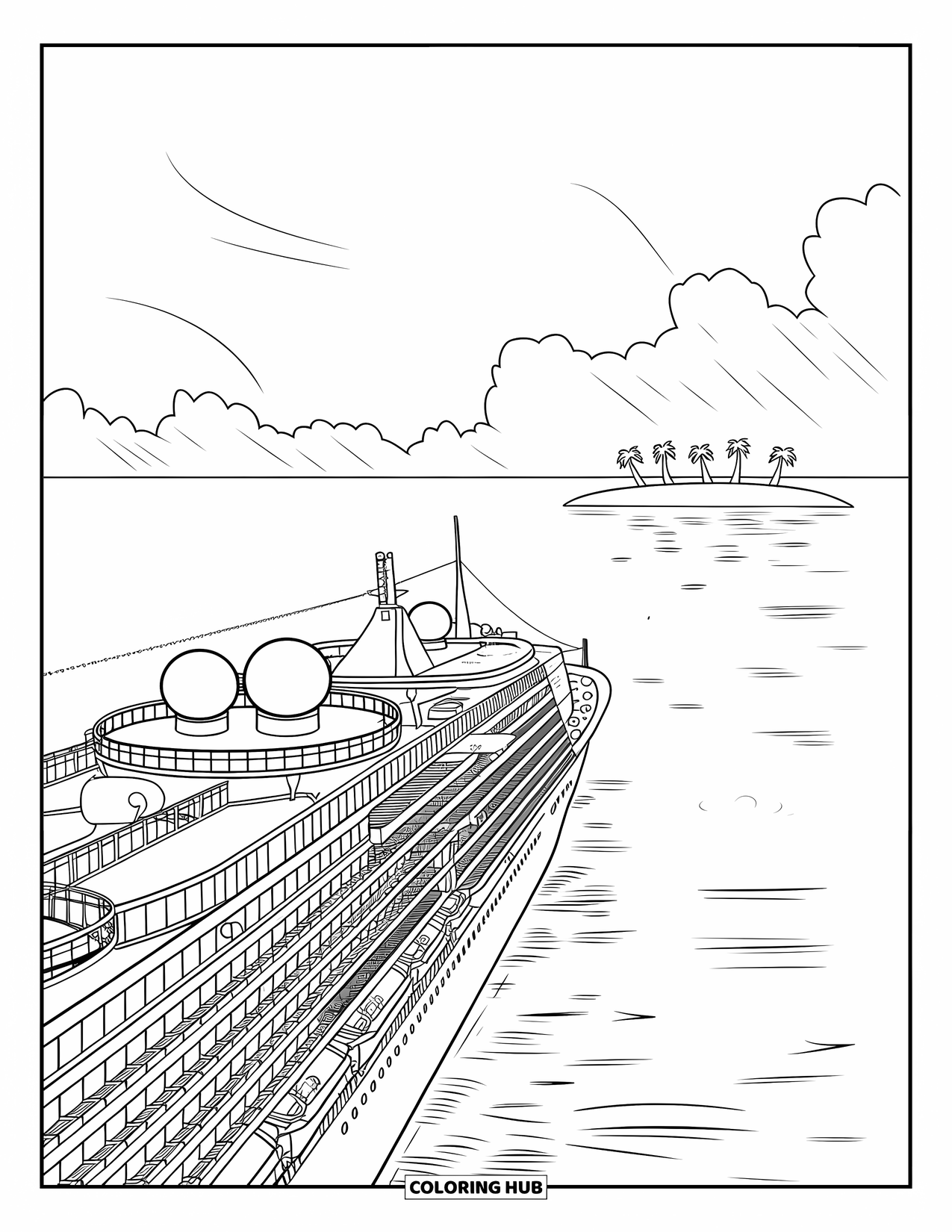 Ship Coloring Page for Kids: A cruise ship sails calmly toward an island with palm trees
