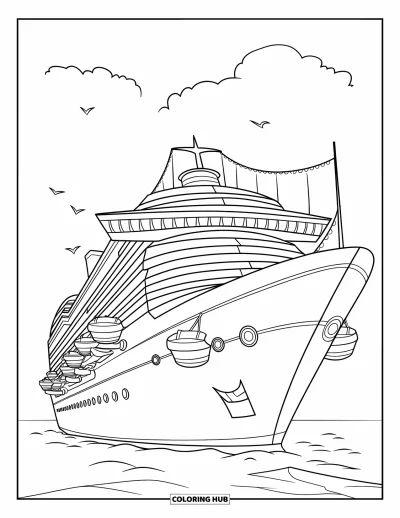 Schiff-Ausmalbild für Kinder: Ein Kreuzfahrtschiff mit mehreren Decks und Rettungsbooten fährt auf ruhigem Wasser