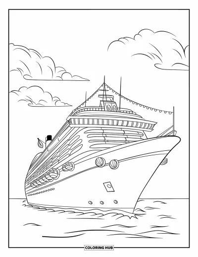 Schiff-Ausmalbild für Kinder: Ein Kreuzfahrtschiff mit Rettungsbooten gleitet über den weiten Ozean