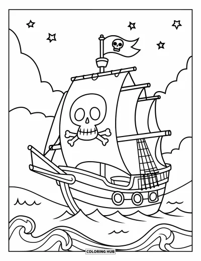 Schiff-Ausmalbild für Kinder: Ein niedliches Piratenschiff mit Totenkopfflagge segelt über wellige Gewässer