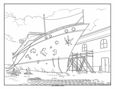 Schiff-Ausmalbild für Kinder: Ein beschädigtes Schiff wird auf der Werft unter bewölktem Himmel repariert