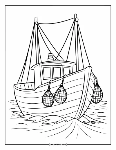 Schiff-Ausmalbild für Kinder: Ein Fischerboot mit Netzen und kleiner Kajüte schaukelt auf sanften Wellen