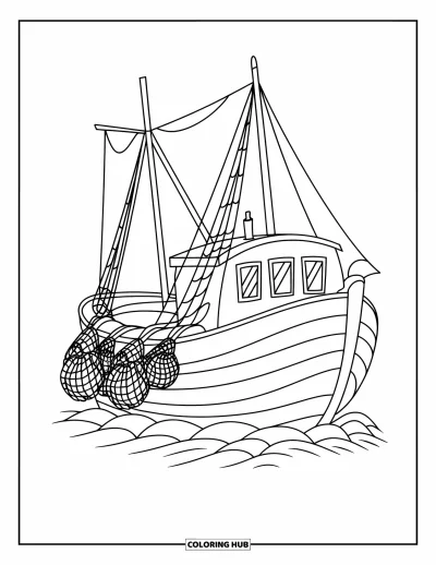 Schiff-Ausmalbild für Kinder: Ein Fischerboot mit Netzen treibt sanft auf den Wellen