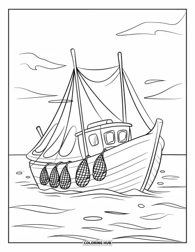 Schiff-Ausmalbild für Kinder: Ein Fischerboot mit Netzen segelt ruhig unter einem teils bewölkten Himmel